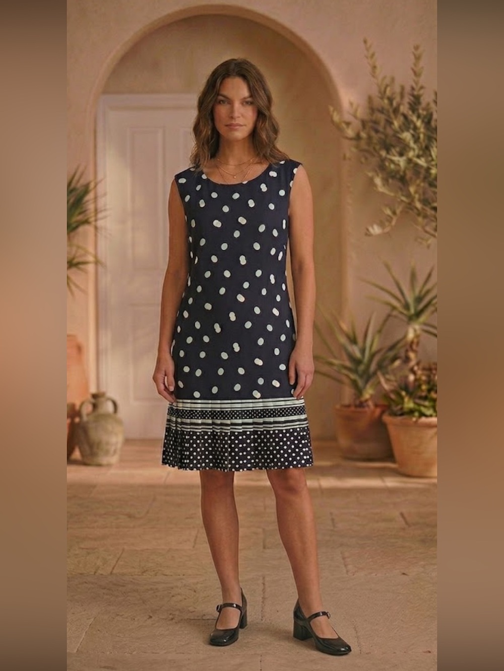 Sandra Darren sheath dress navy with seafoam dots pleated drop waist hemline 14